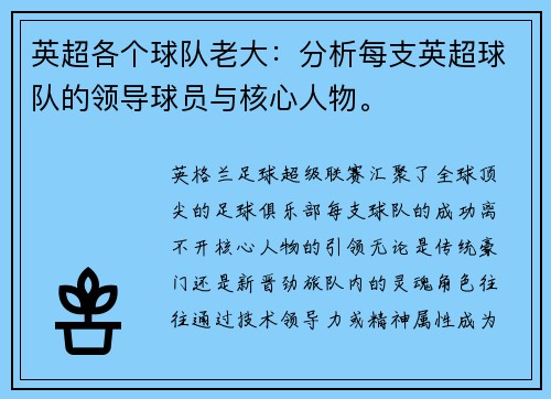 英超各个球队老大：分析每支英超球队的领导球员与核心人物。