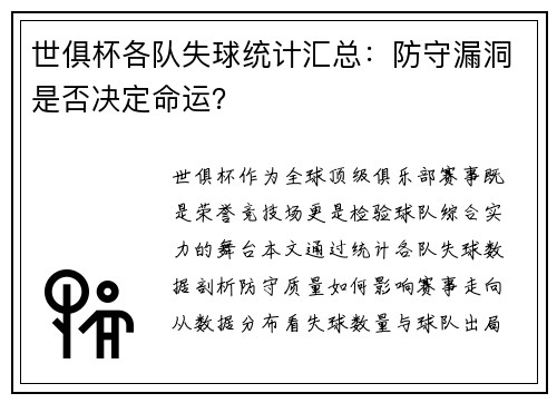 世俱杯各队失球统计汇总：防守漏洞是否决定命运？